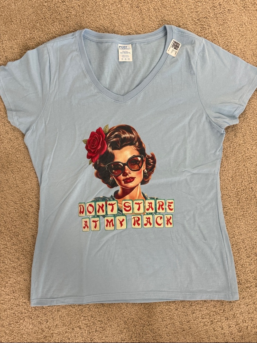 Light Blue V-Neck Graphic Tee with Retro Woman and Rose